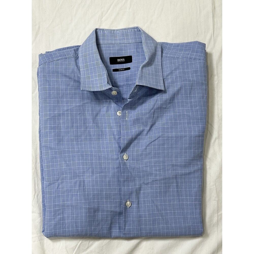 Hugo Boss Men's Slim Fit Blue White Plaid Check Top Dress Shirt 17 42